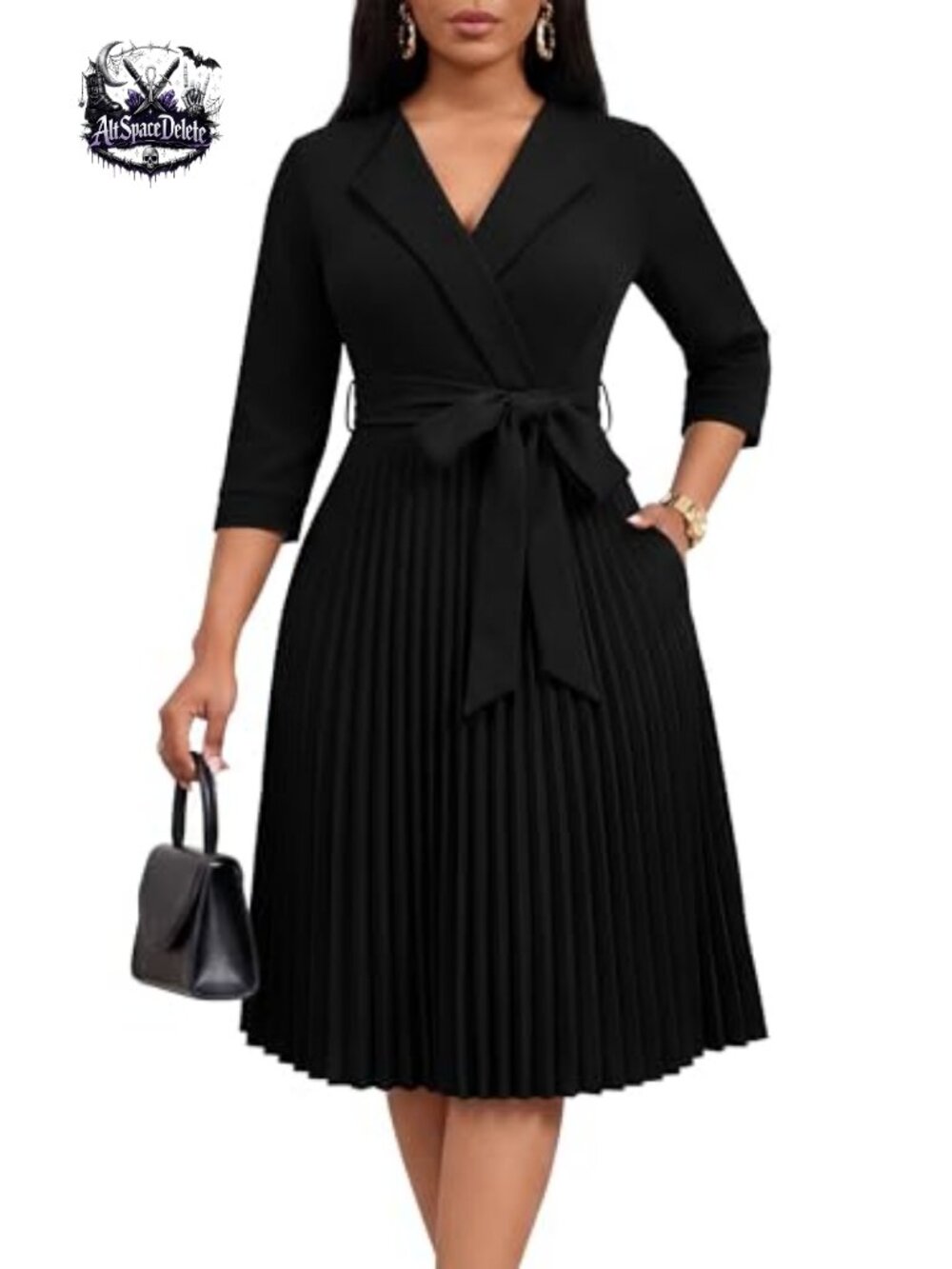 Pleated Midi Dress A-Line Tie Waist 3/4 Sleeve Semi-Formal